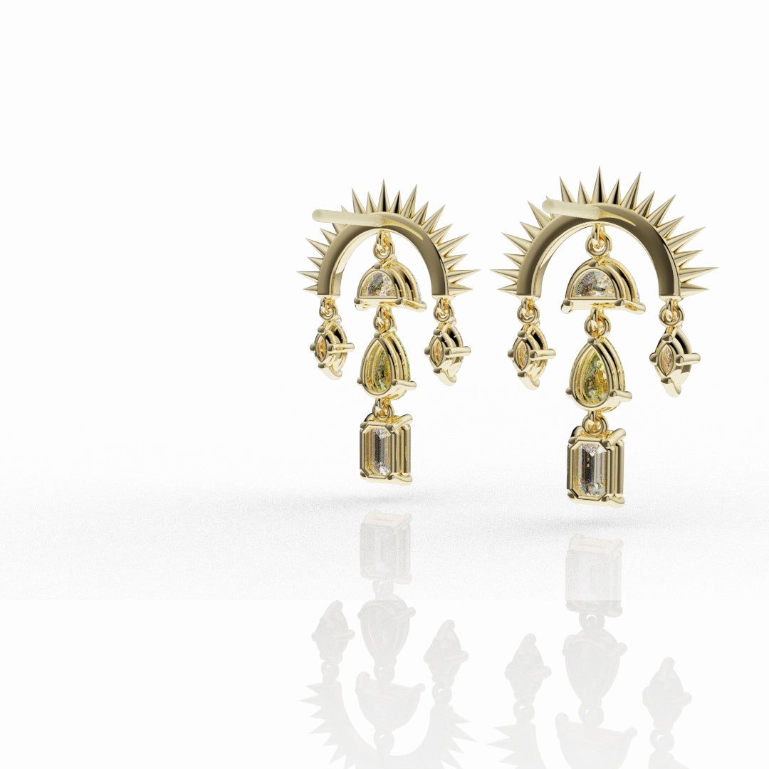 Artistic sunburst high jewellery earrings featuring yellow diamonds and white diamonds in 18ct yellow gold.