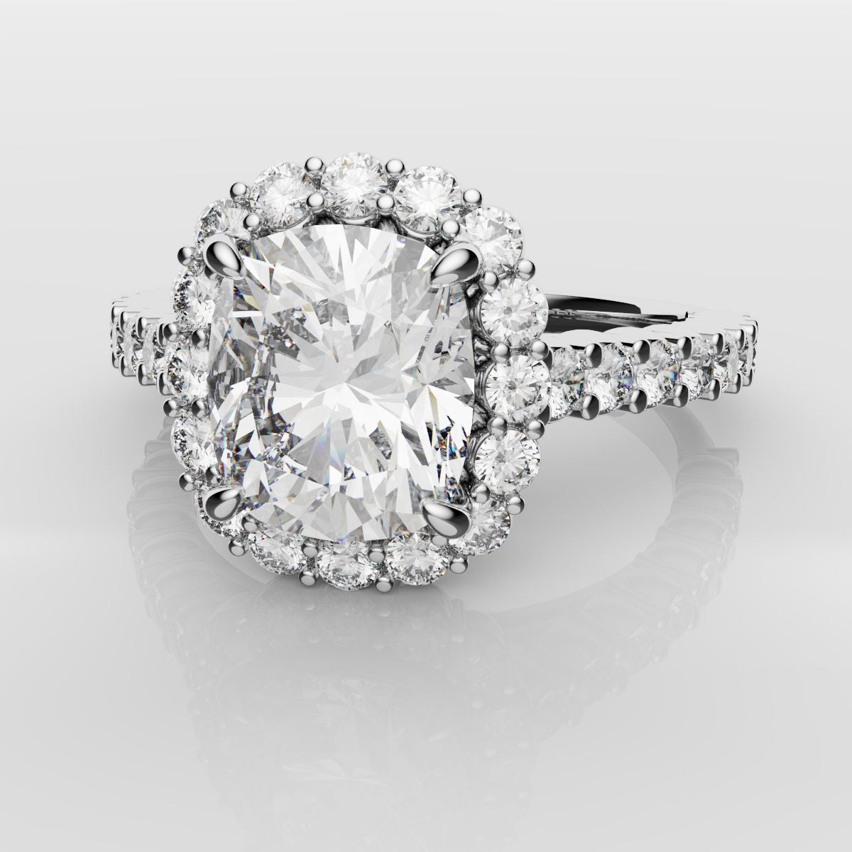 Cushion Cut Diamond Halo Engagement Ring - Shared Claw Setting