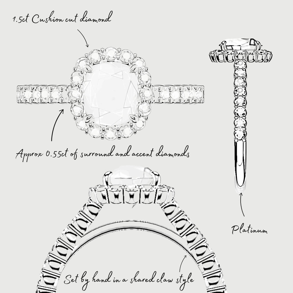 Cushion Cut Diamond Halo Engagement Ring - Shared Claw Setting