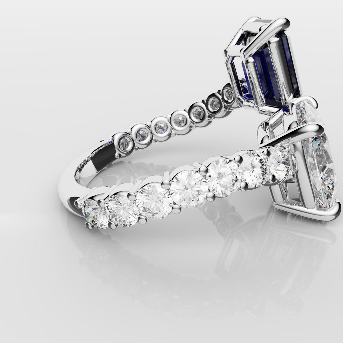 Emerald Cut Sapphire and Cushion Cut Diamond Toi Et Moi Engagement Ring