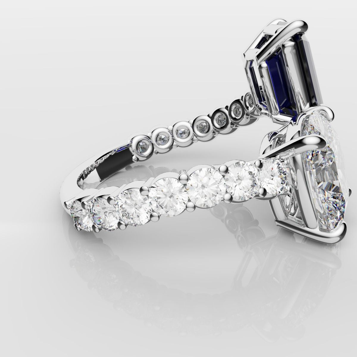 Emerald Cut Sapphire and Cushion Cut Diamond Toi Et Moi Engagement Ring
