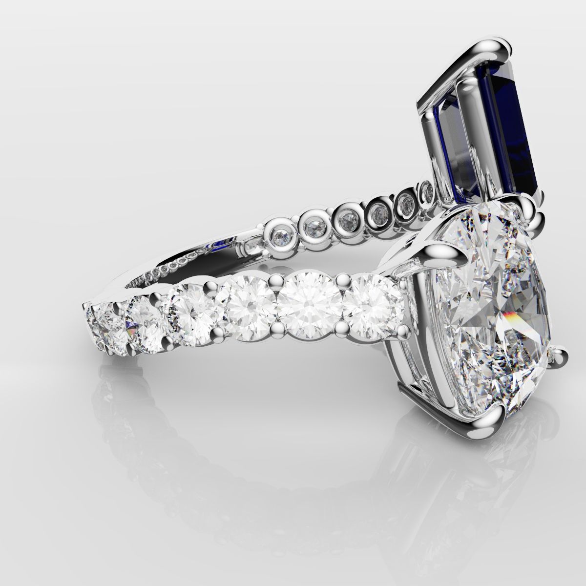 Emerald Cut Sapphire and Cushion Cut Diamond Toi Et Moi Engagement Ring