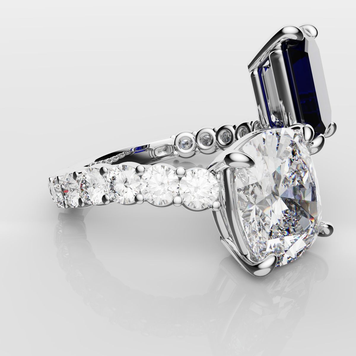 Emerald Cut Sapphire and Cushion Cut Diamond Toi Et Moi Engagement Ring