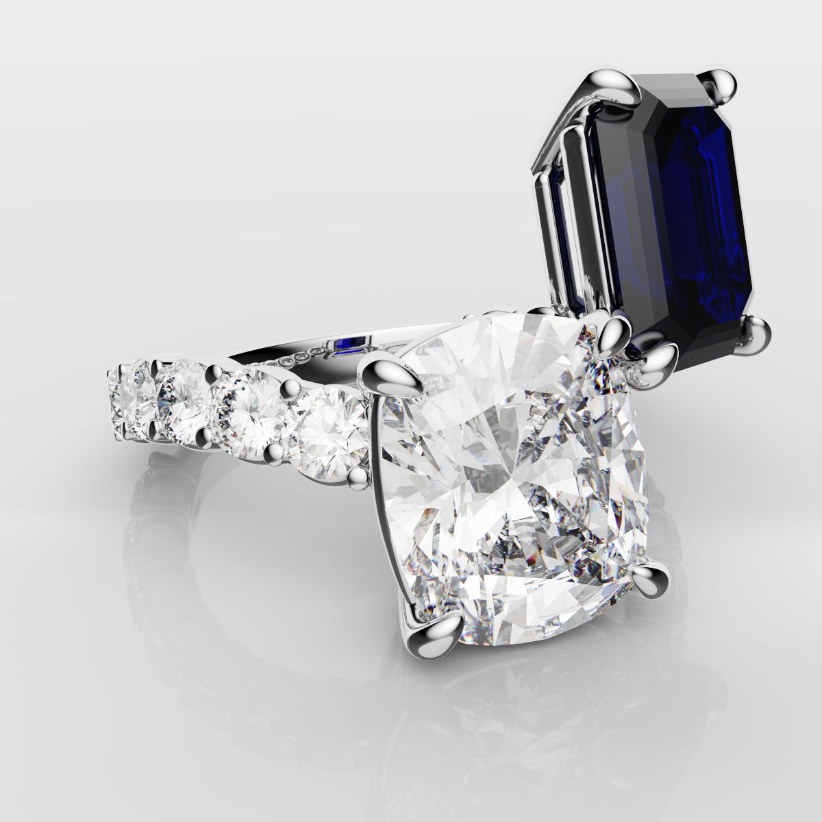 Emerald Cut Sapphire and Cushion Cut Diamond Toi Et Moi Engagement Ring