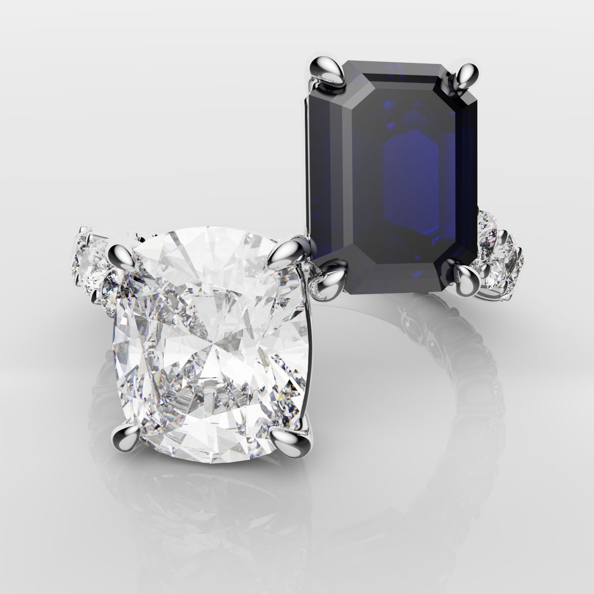 Emerald Cut Sapphire and Cushion Cut Diamond Toi Et Moi Engagement Ring