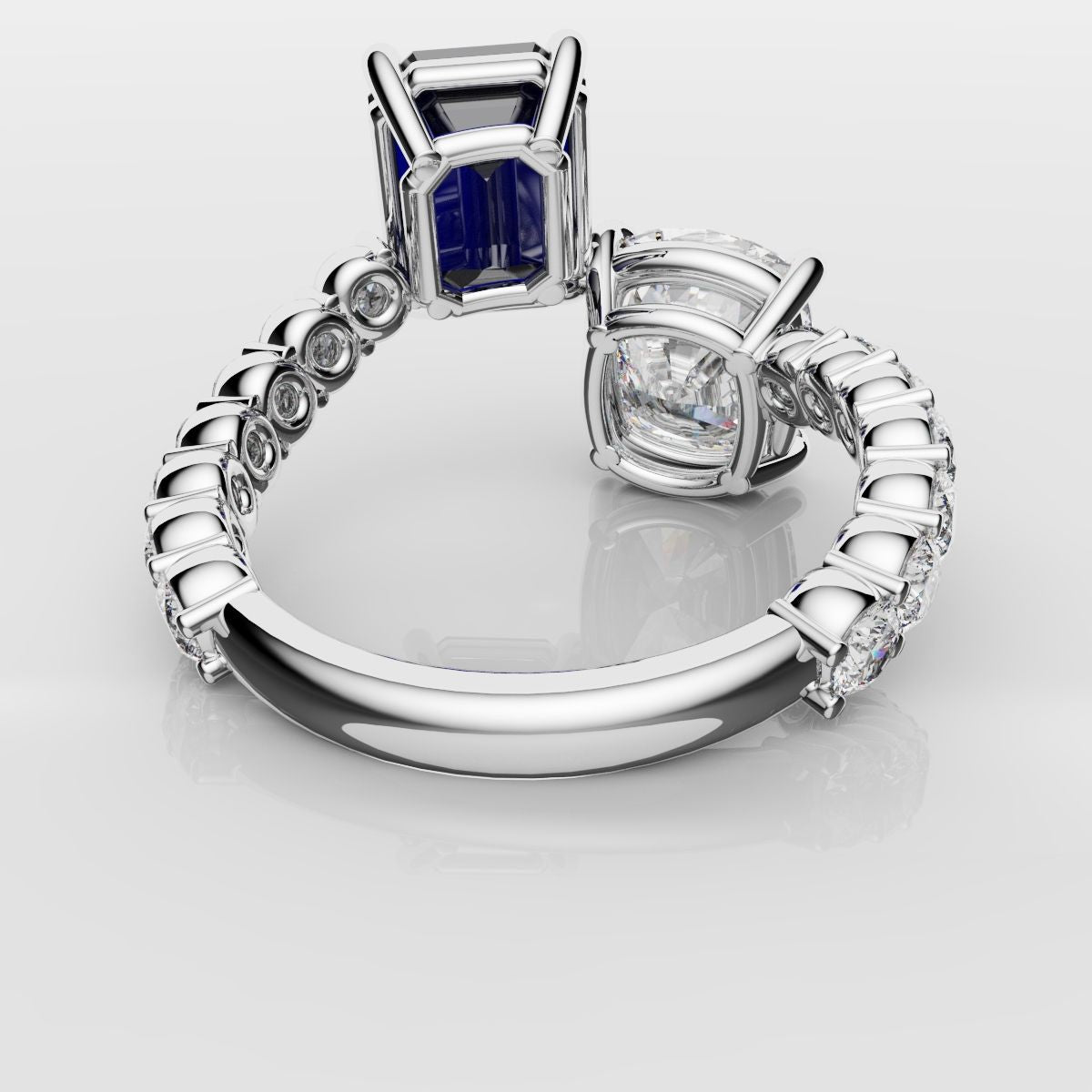 Emerald Cut Sapphire and Cushion Cut Diamond Toi Et Moi Engagement Ring