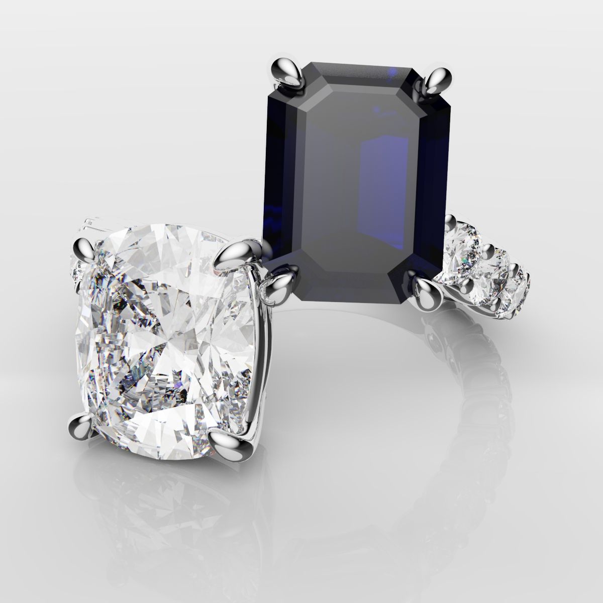Emerald Cut Sapphire and Cushion Cut Diamond Toi Et Moi Engagement Ring
