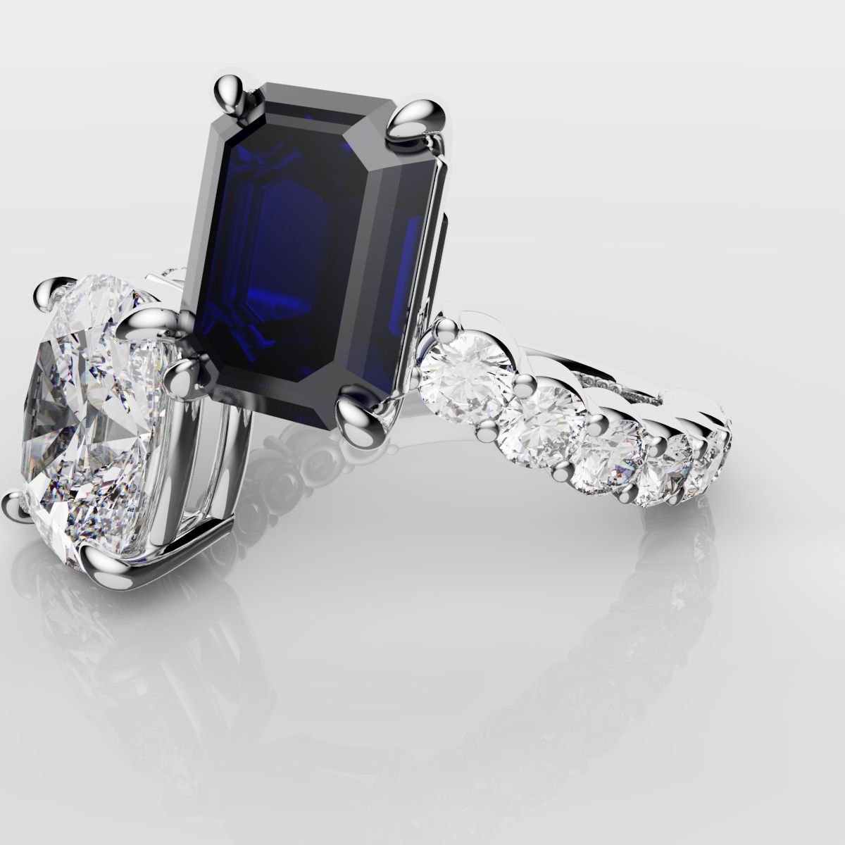 Emerald Cut Sapphire and Cushion Cut Diamond Toi Et Moi Engagement Ring
