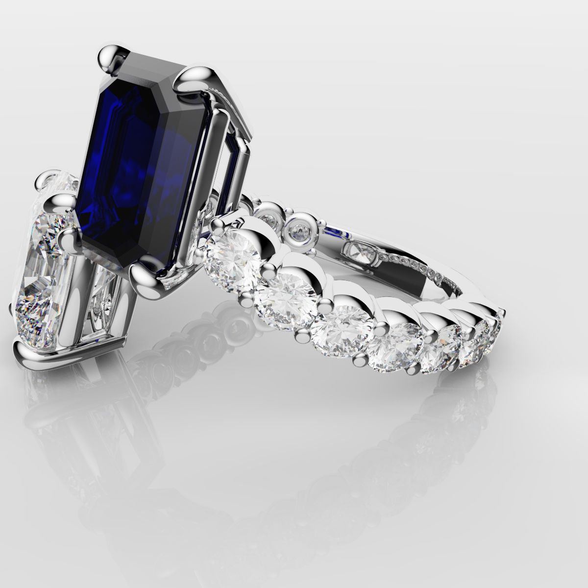 Emerald Cut Sapphire and Cushion Cut Diamond Toi Et Moi Engagement Ring
