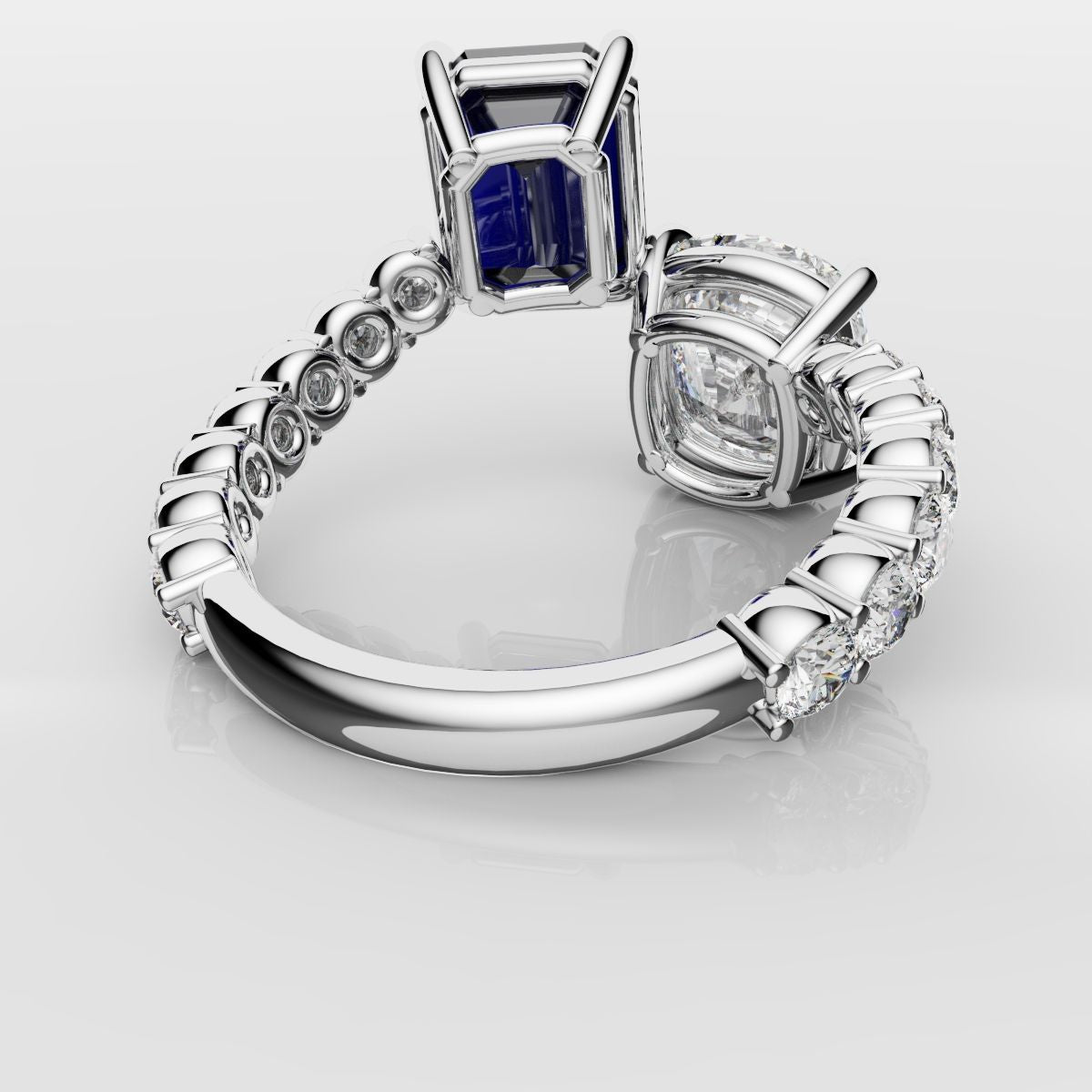 Emerald Cut Sapphire and Cushion Cut Diamond Toi Et Moi Engagement Ring