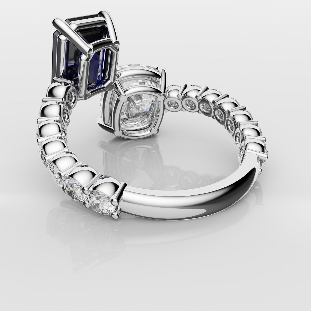 Emerald Cut Sapphire and Cushion Cut Diamond Toi Et Moi Engagement Ring