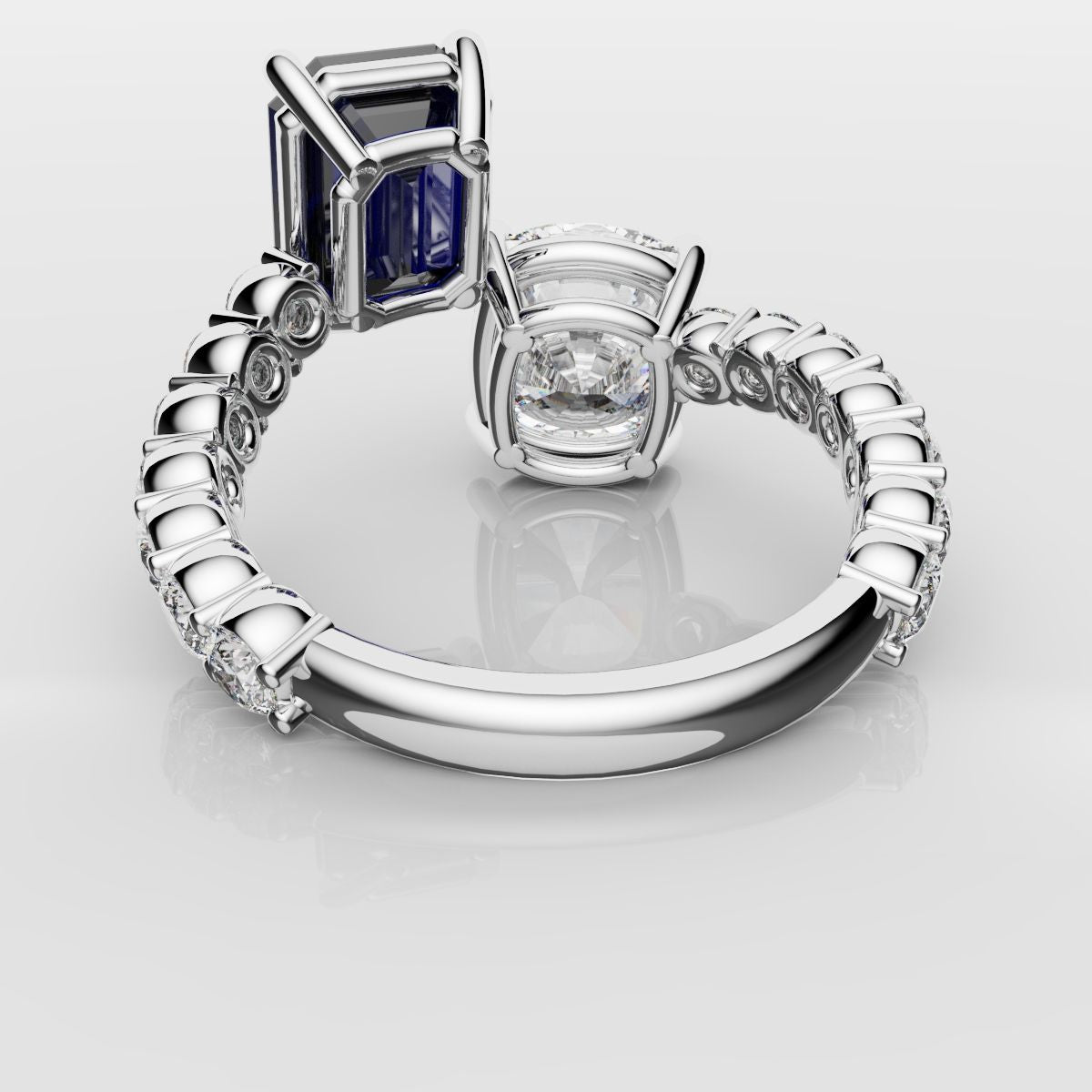 Emerald Cut Sapphire and Cushion Cut Diamond Toi Et Moi Engagement Ring