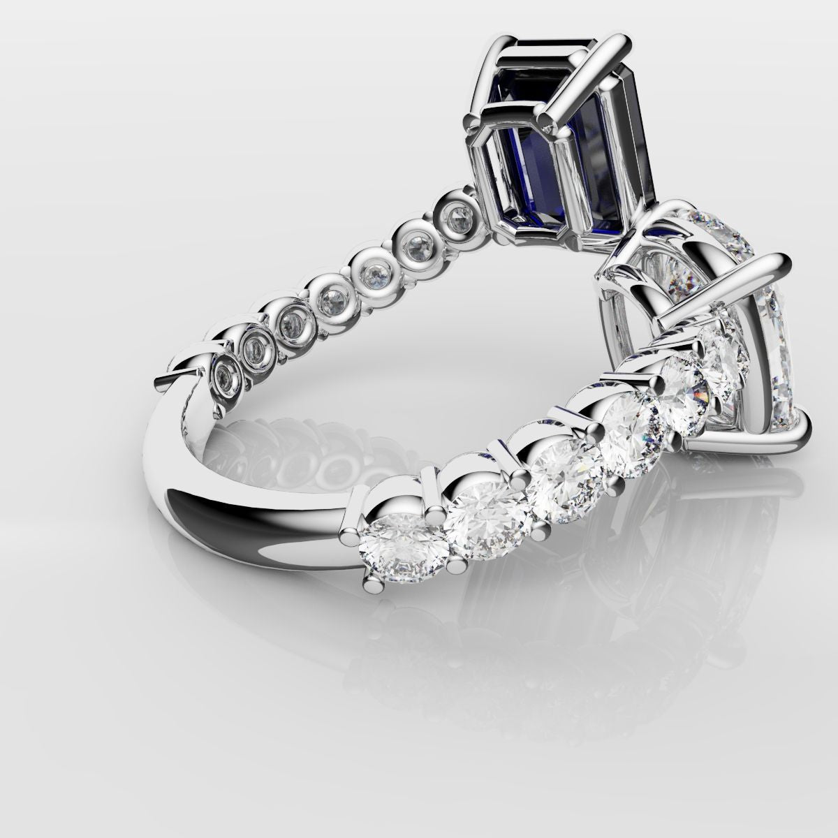 Emerald Cut Sapphire and Cushion Cut Diamond Toi Et Moi Engagement Ring