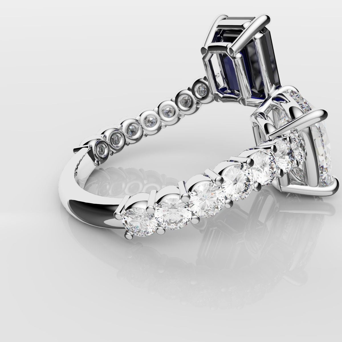 Emerald Cut Sapphire and Cushion Cut Diamond Toi Et Moi Engagement Ring