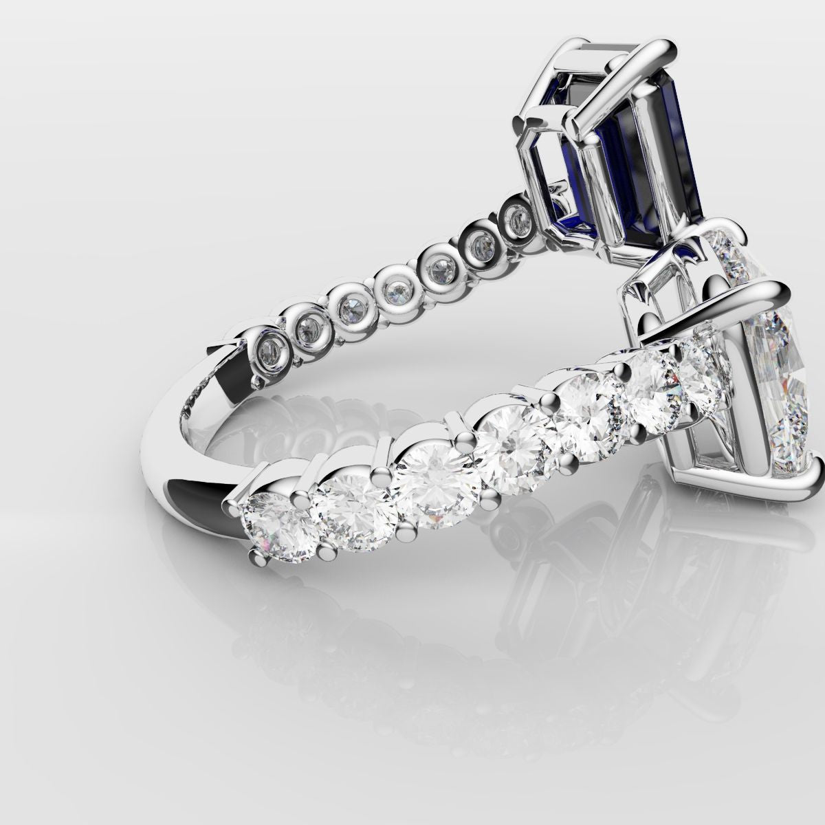 Emerald Cut Sapphire and Cushion Cut Diamond Toi Et Moi Engagement Ring