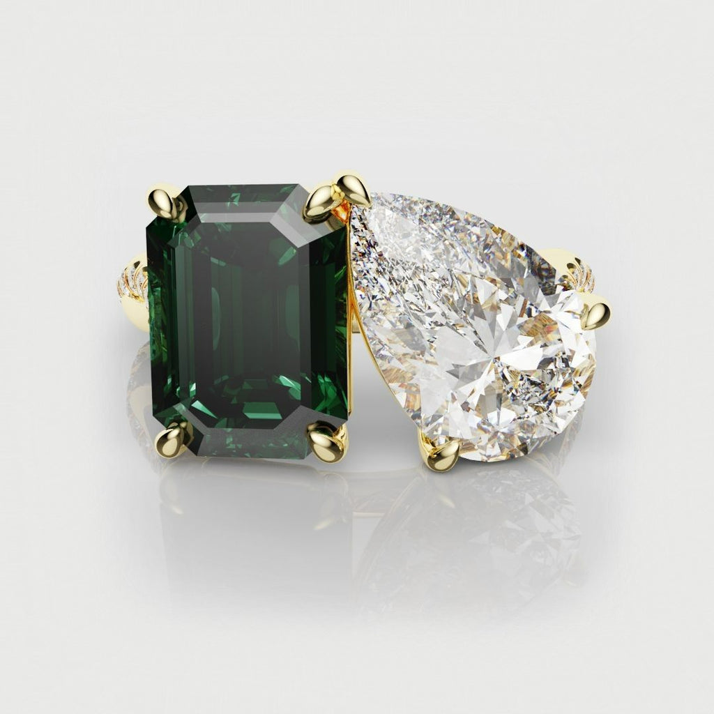 Green Emerald and Pear Diamond Toi Et Moi Engagement Ring