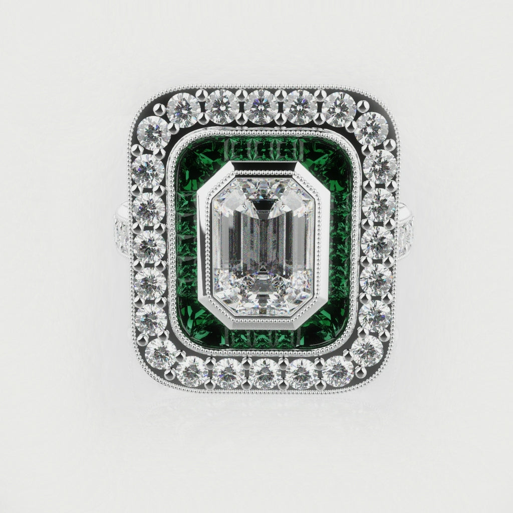 Emerald Cut Double Halo Art Deco Engagement Ring