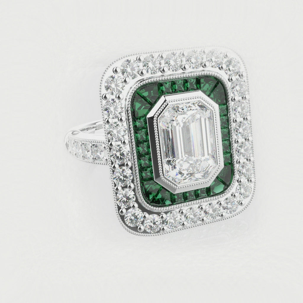 Emerald Cut Double Halo Art Deco Engagement Ring