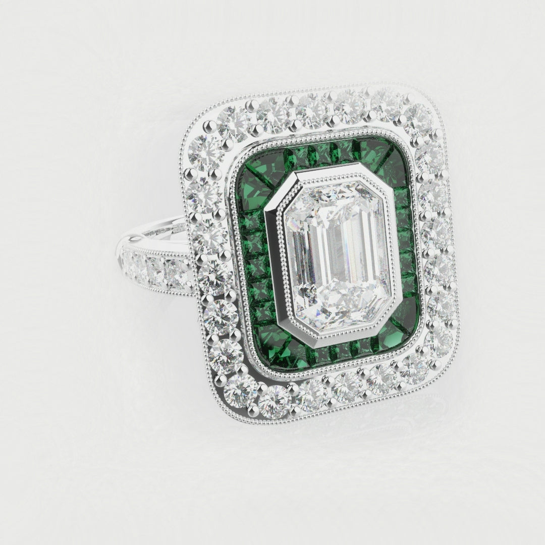 Emerald Cut Double Halo Art Deco Engagement Ring