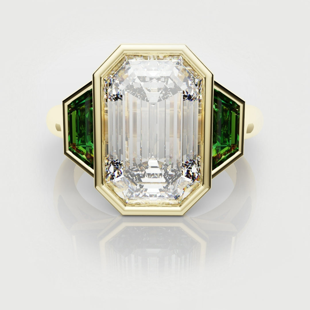 Emerald Cut Trilogy Engagement Ring With Green Emerald Trapezoids