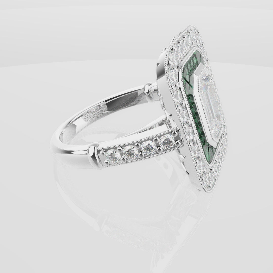 Emerald Cut Double Halo Art Deco Engagement Ring