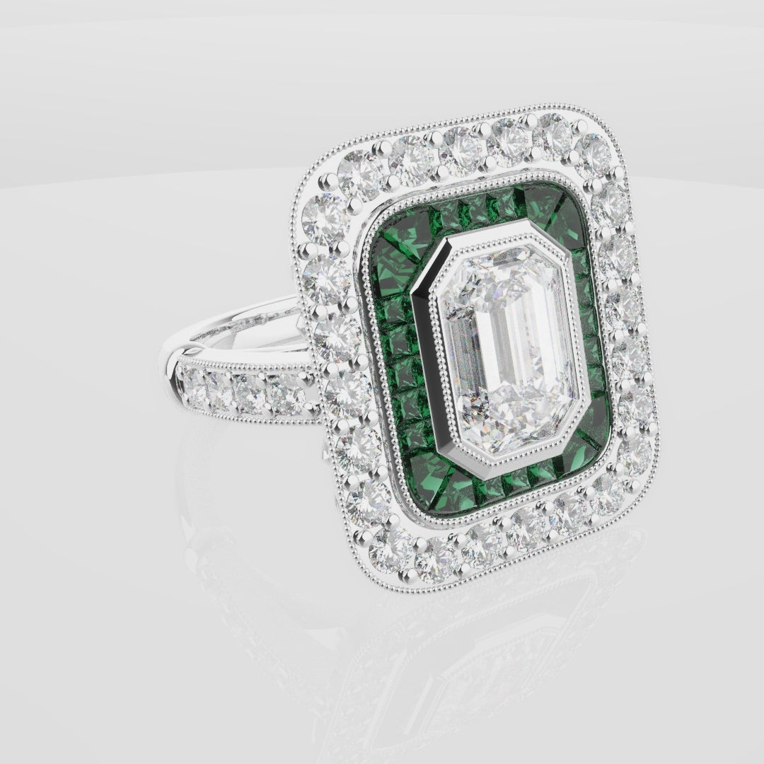 Emerald Cut Double Halo Art Deco Engagement Ring