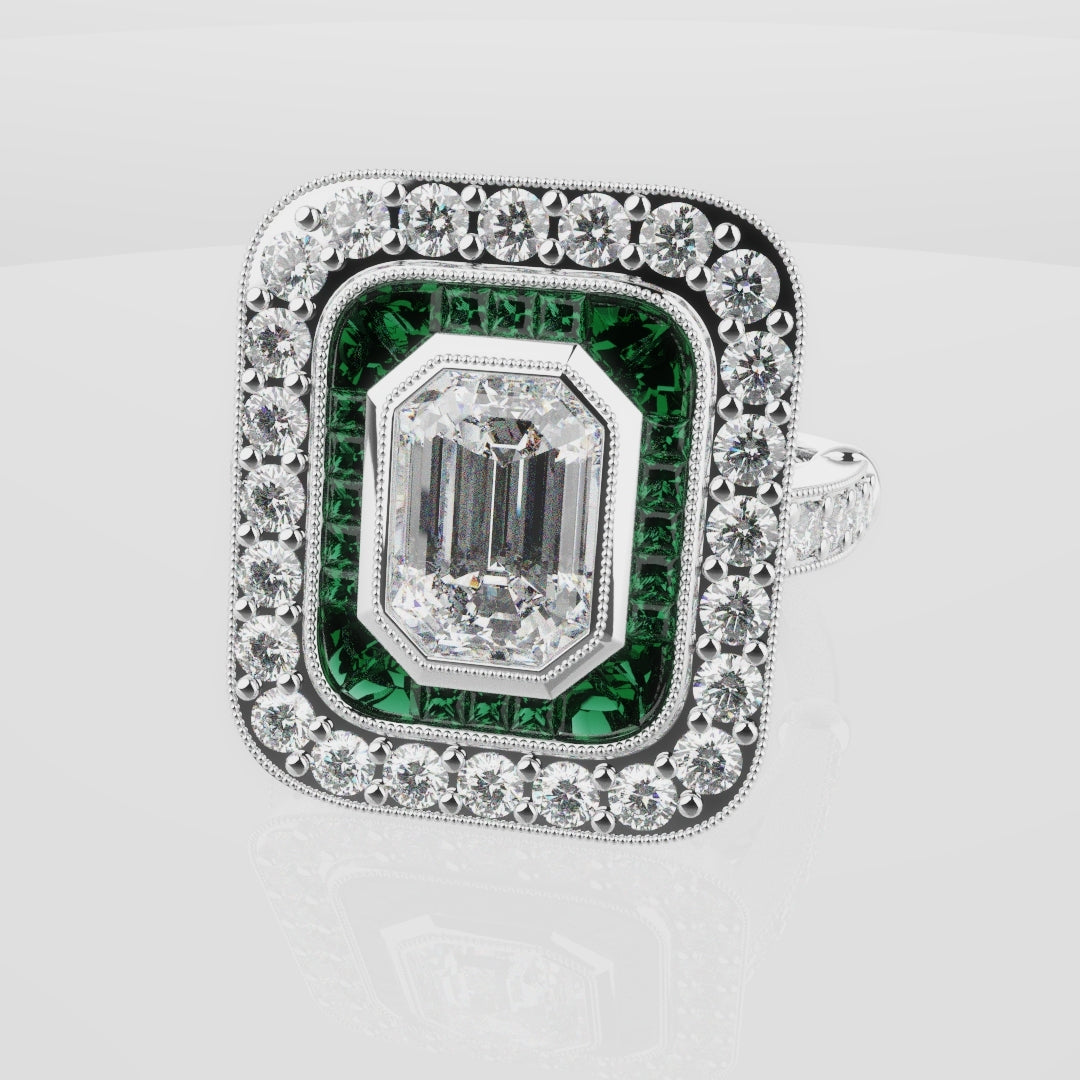 Emerald Cut Double Halo Art Deco Engagement Ring