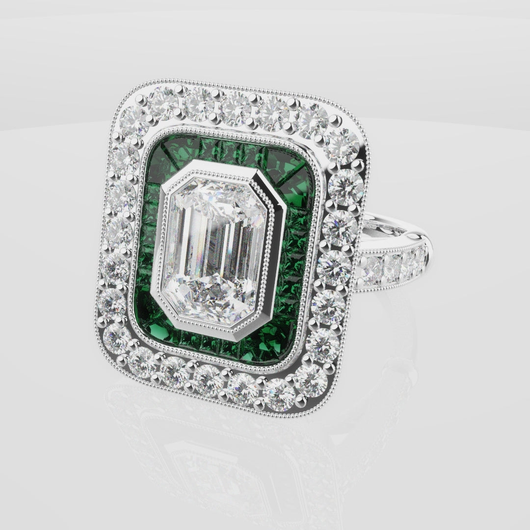 Emerald Cut Double Halo Art Deco Engagement Ring