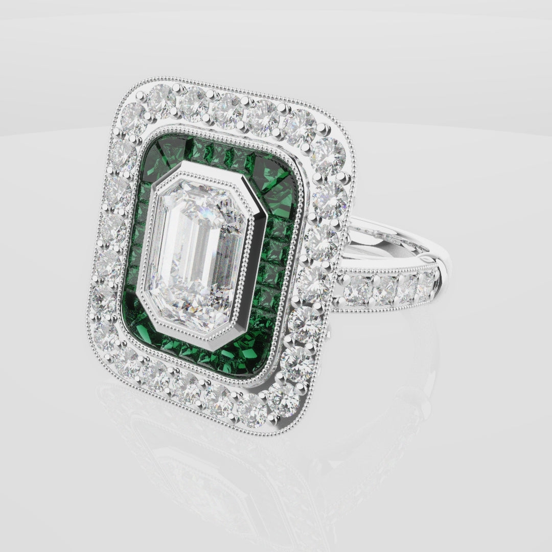 Emerald Cut Double Halo Art Deco Engagement Ring