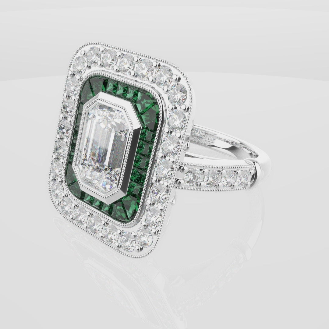 Emerald Cut Double Halo Art Deco Engagement Ring