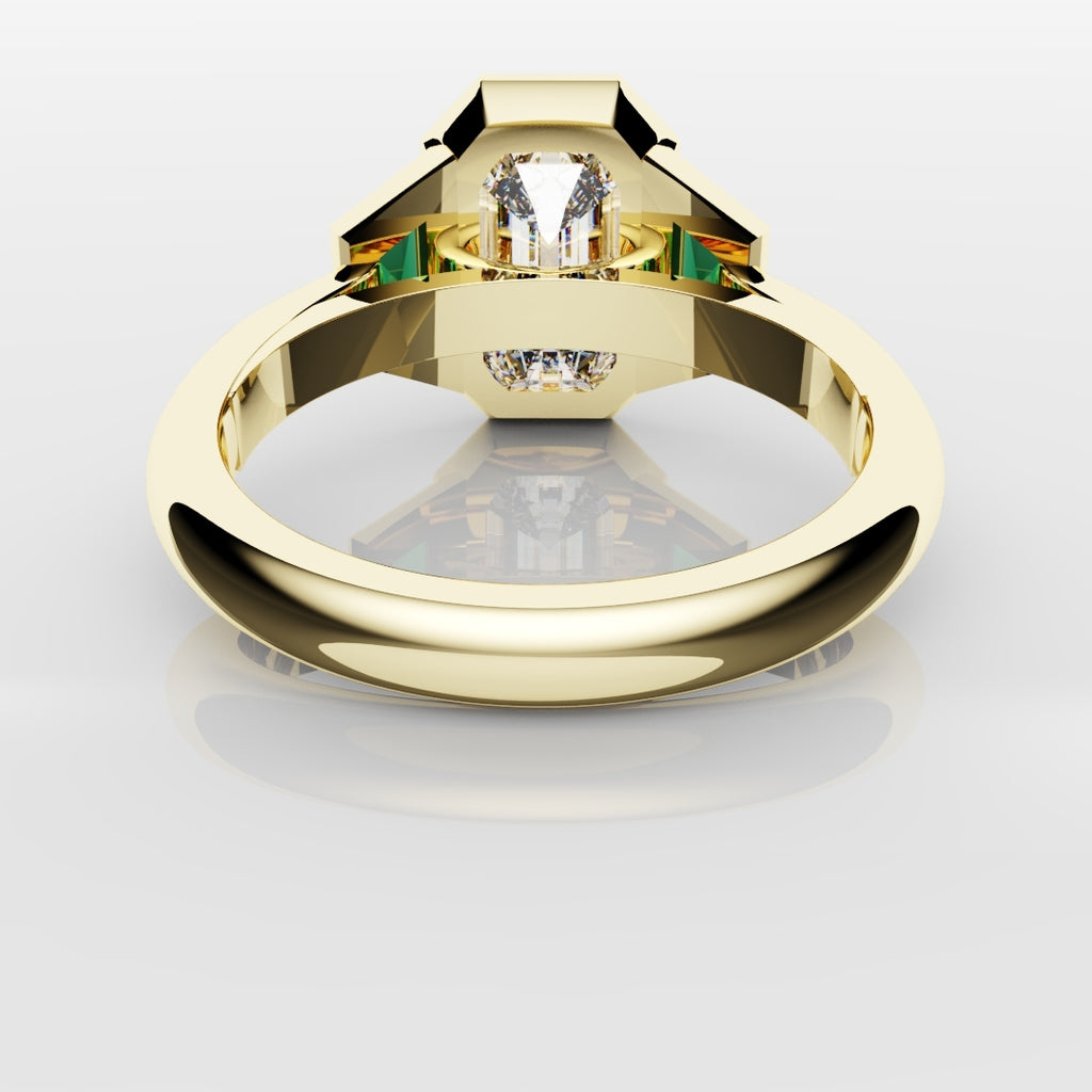 Emerald Cut Trilogy Engagement Ring With Green Emerald Trapezoids