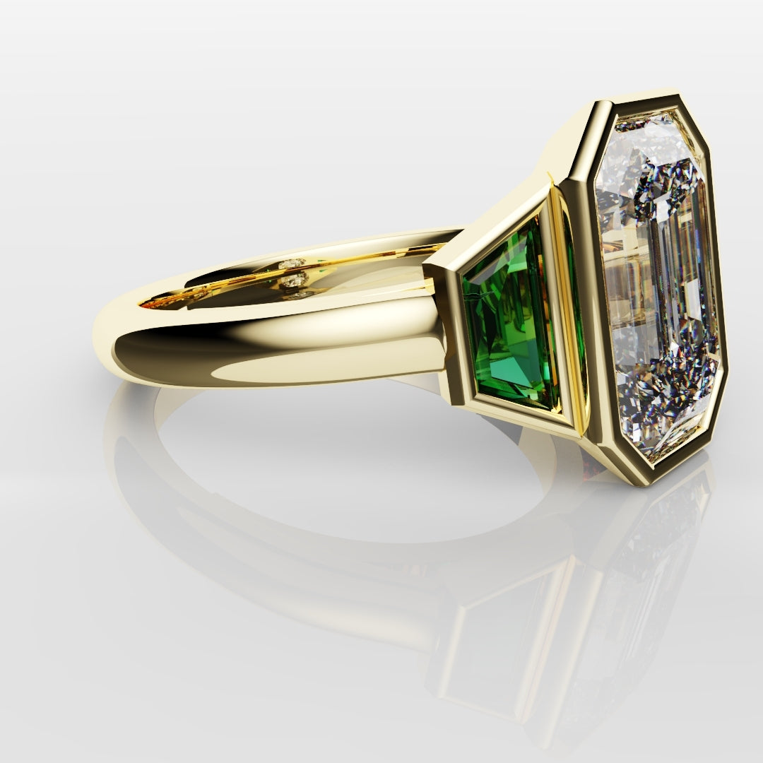 Emerald Cut Trilogy Engagement Ring With Green Emerald Trapezoids