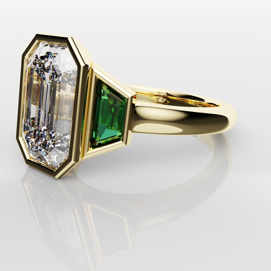 Emerald Cut Trilogy Engagement Ring With Green Emerald Trapezoids