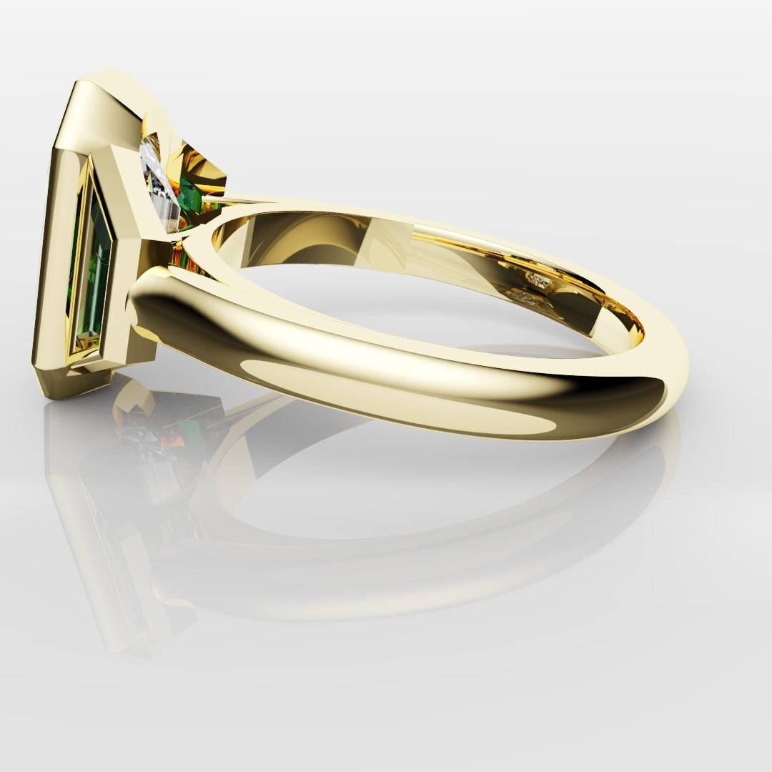 Emerald Cut Trilogy Engagement Ring With Green Emerald Trapezoids