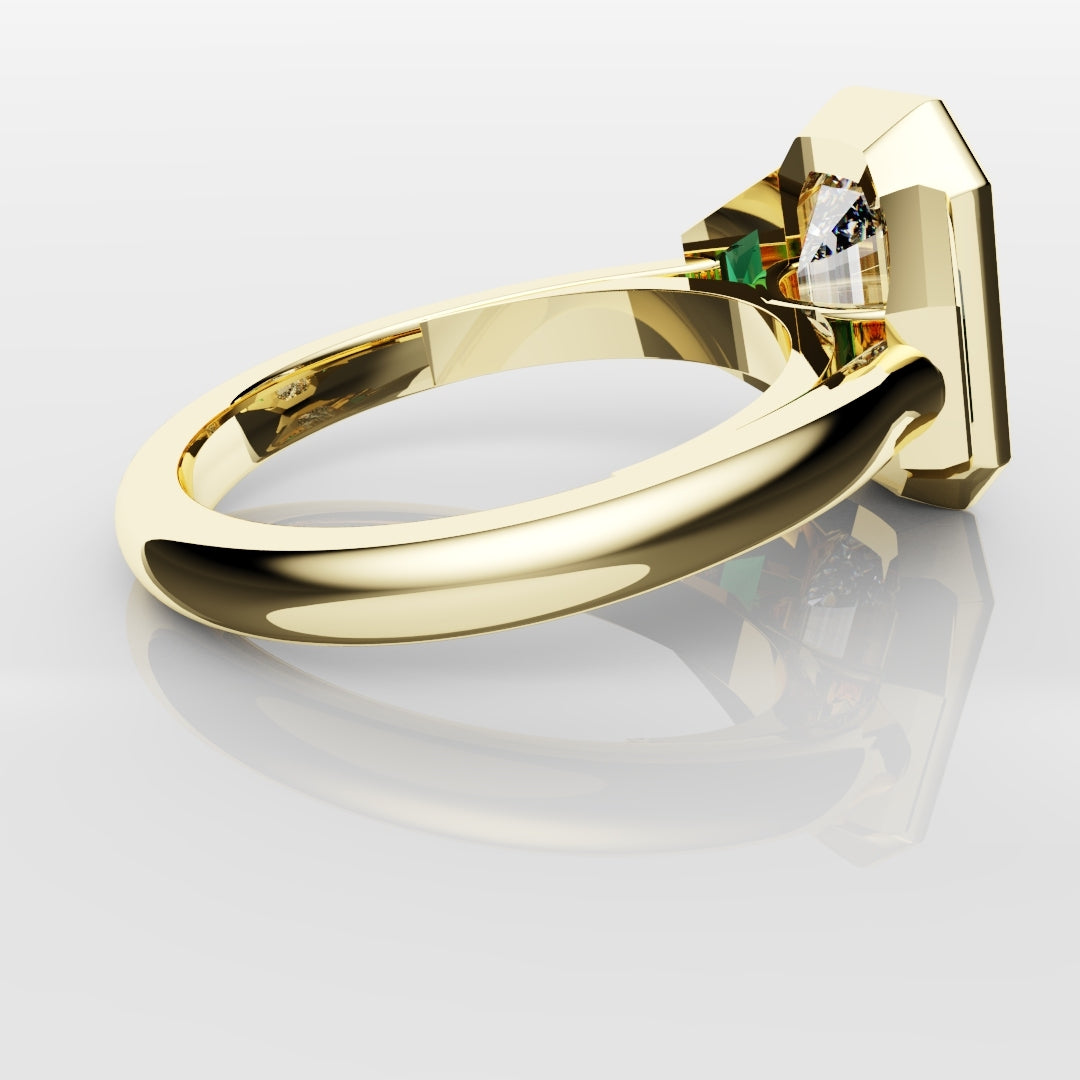 Emerald Cut Trilogy Engagement Ring With Green Emerald Trapezoids