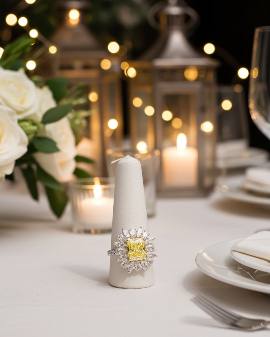 Yellow diamond ring on a white candle holder with a festive background of candles and lights.