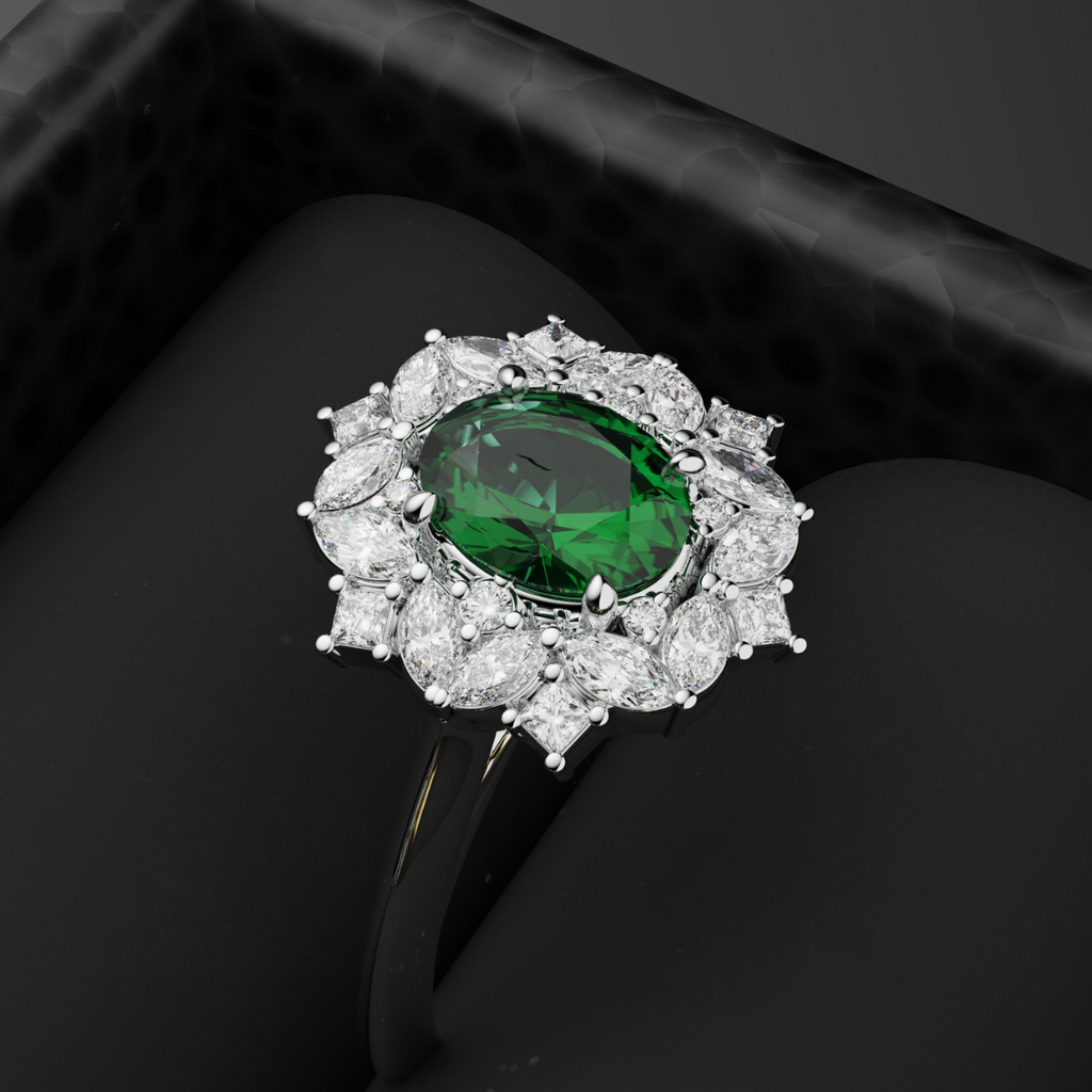 green emerald halo engagement ring