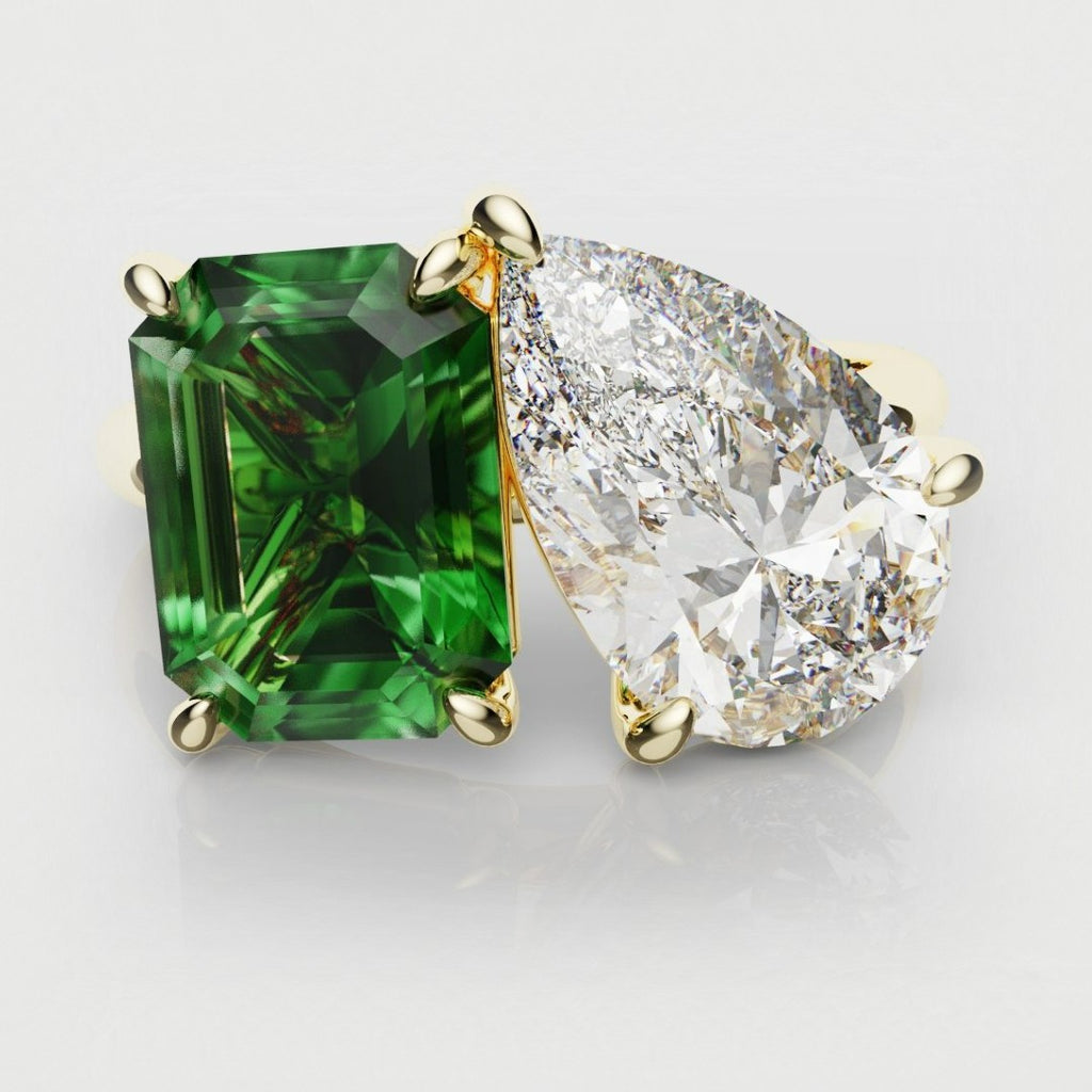 Emerald and Pear Diamond Two Stone Engagement Ring
