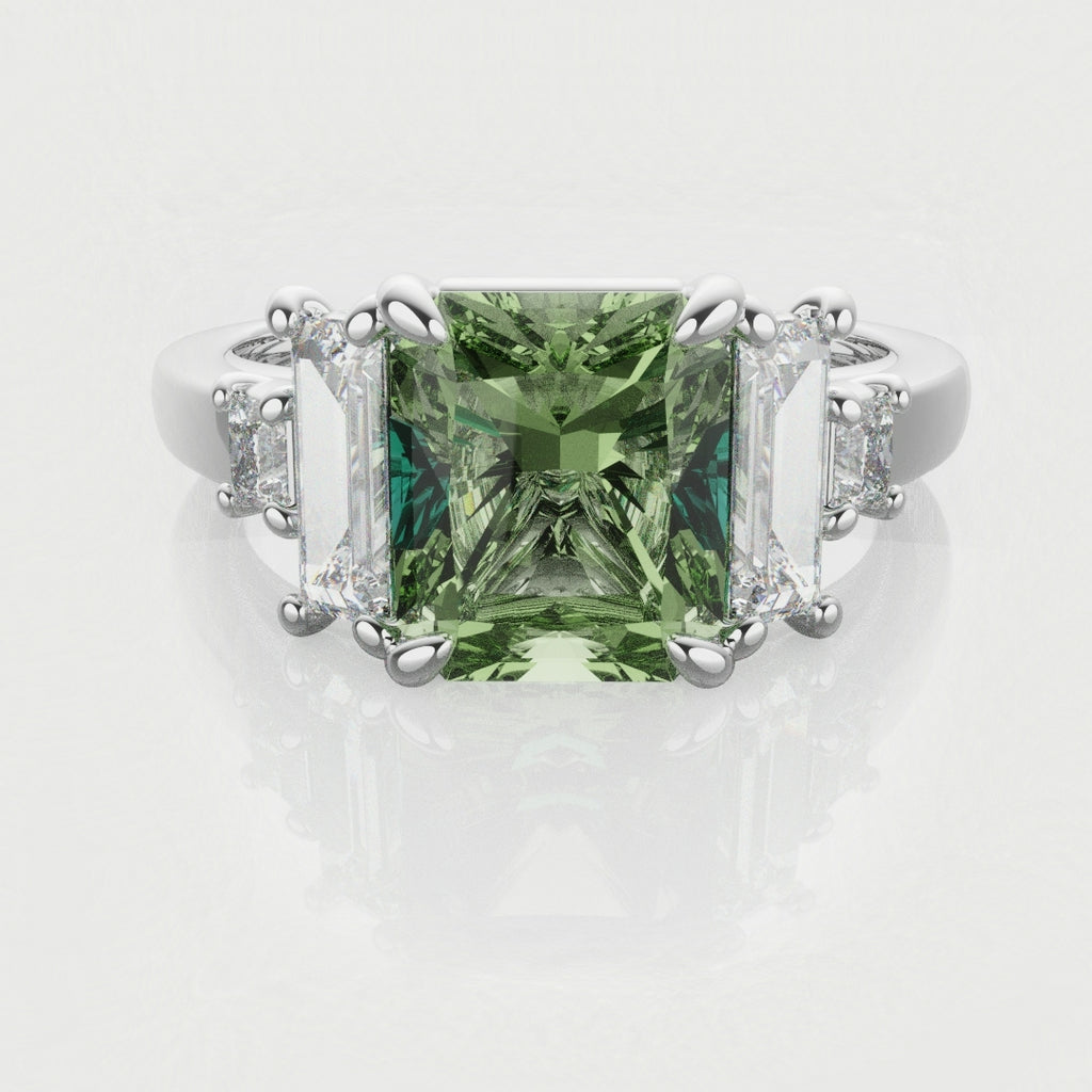 Green Sapphire and Baguette Diamond Engagement Ring