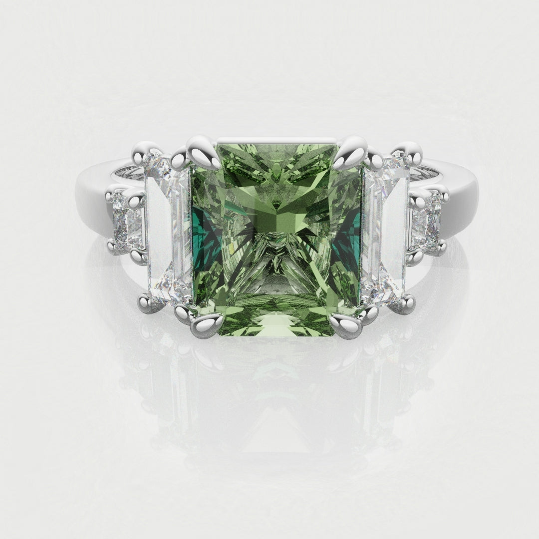 Green Sapphire and Baguette Diamond Engagement Ring