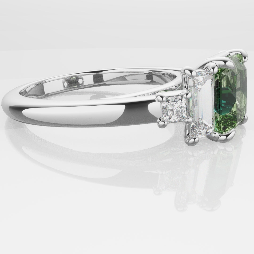 Green Sapphire and Baguette Diamond Engagement Ring