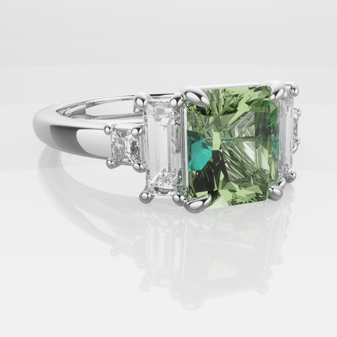 Green Sapphire and Baguette Diamond Engagement Ring