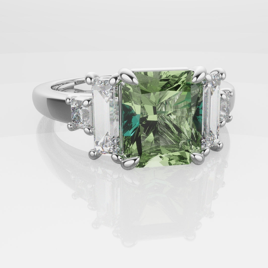 Green Sapphire and Baguette Diamond Engagement Ring