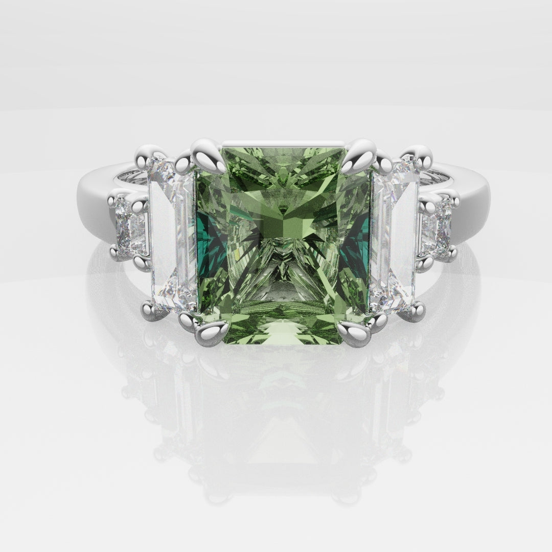 Green Sapphire and Baguette Diamond Engagement Ring