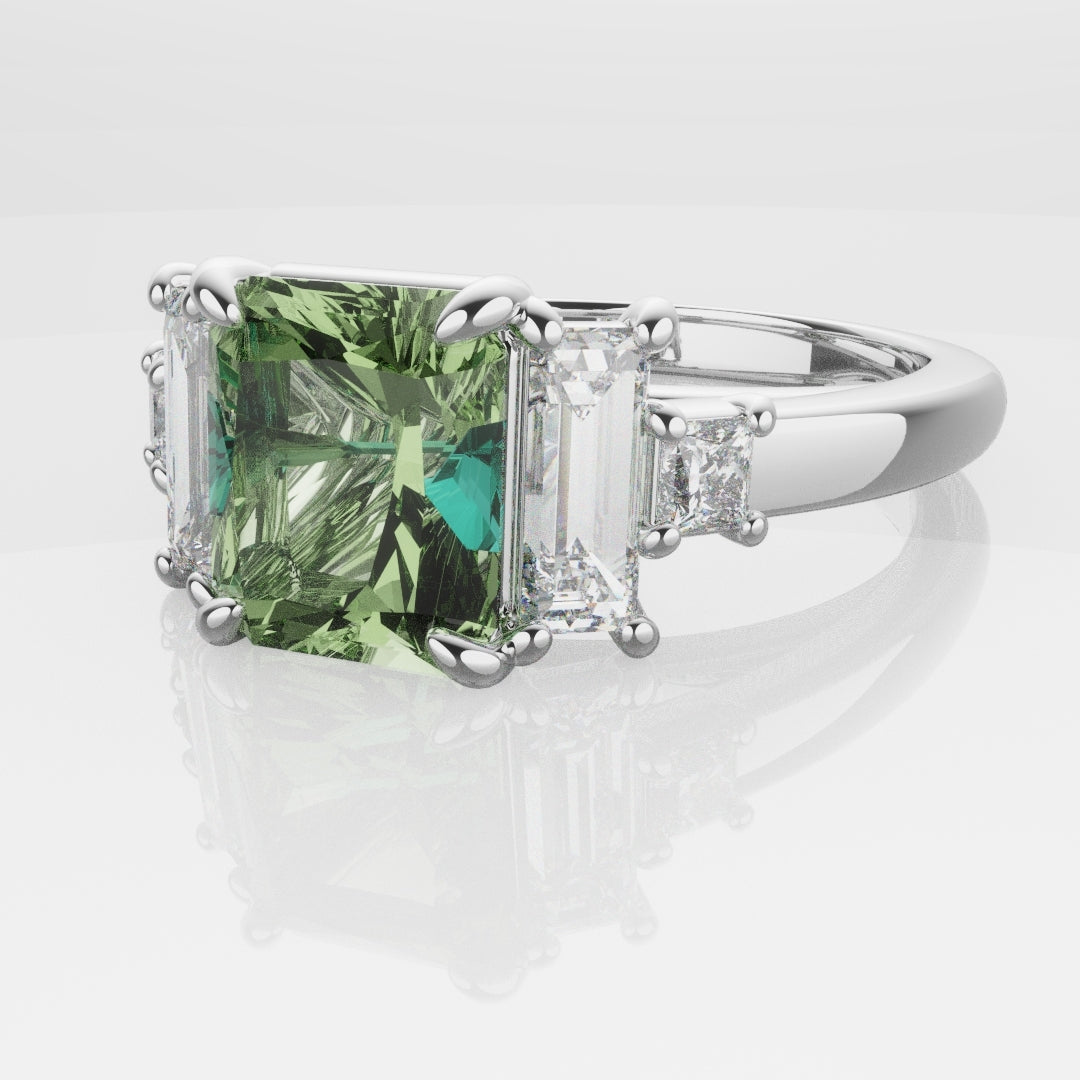 Green Sapphire and Baguette Diamond Engagement Ring