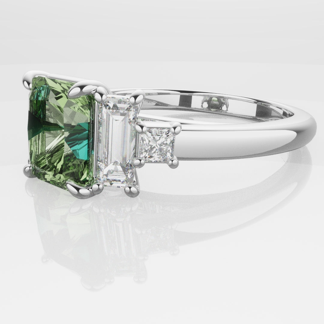 Green Sapphire and Baguette Diamond Engagement Ring