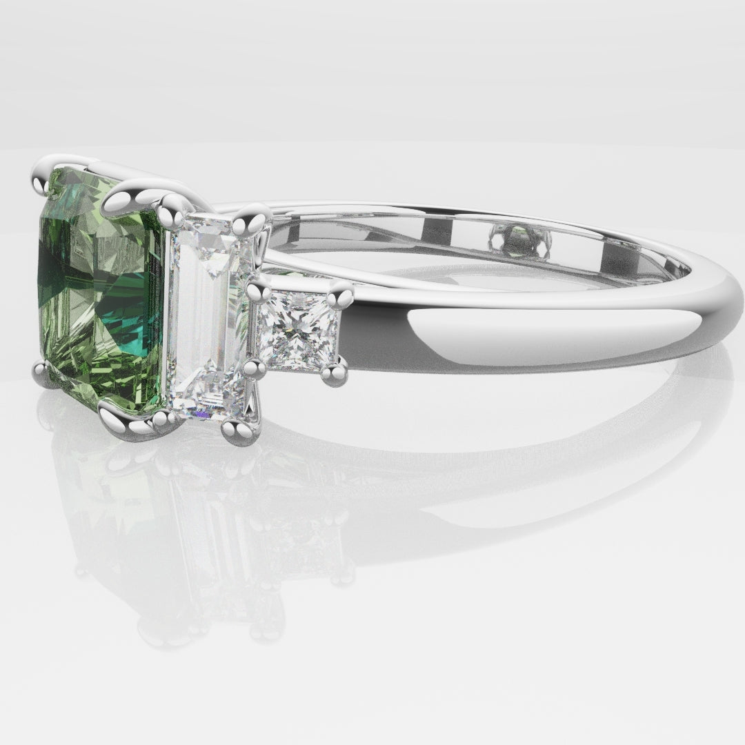 Green Sapphire and Baguette Diamond Engagement Ring