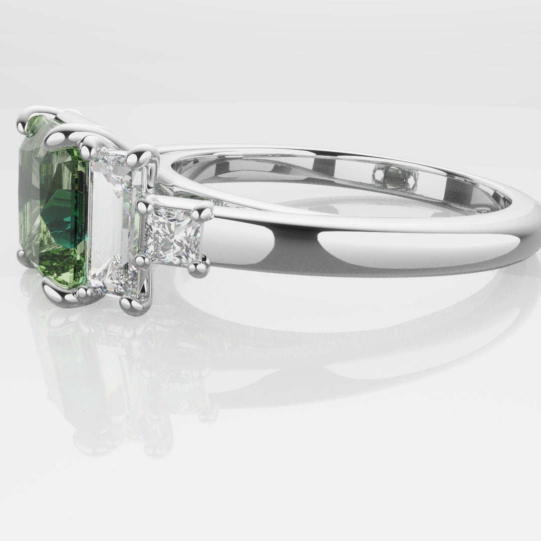Green Sapphire and Baguette Diamond Engagement Ring