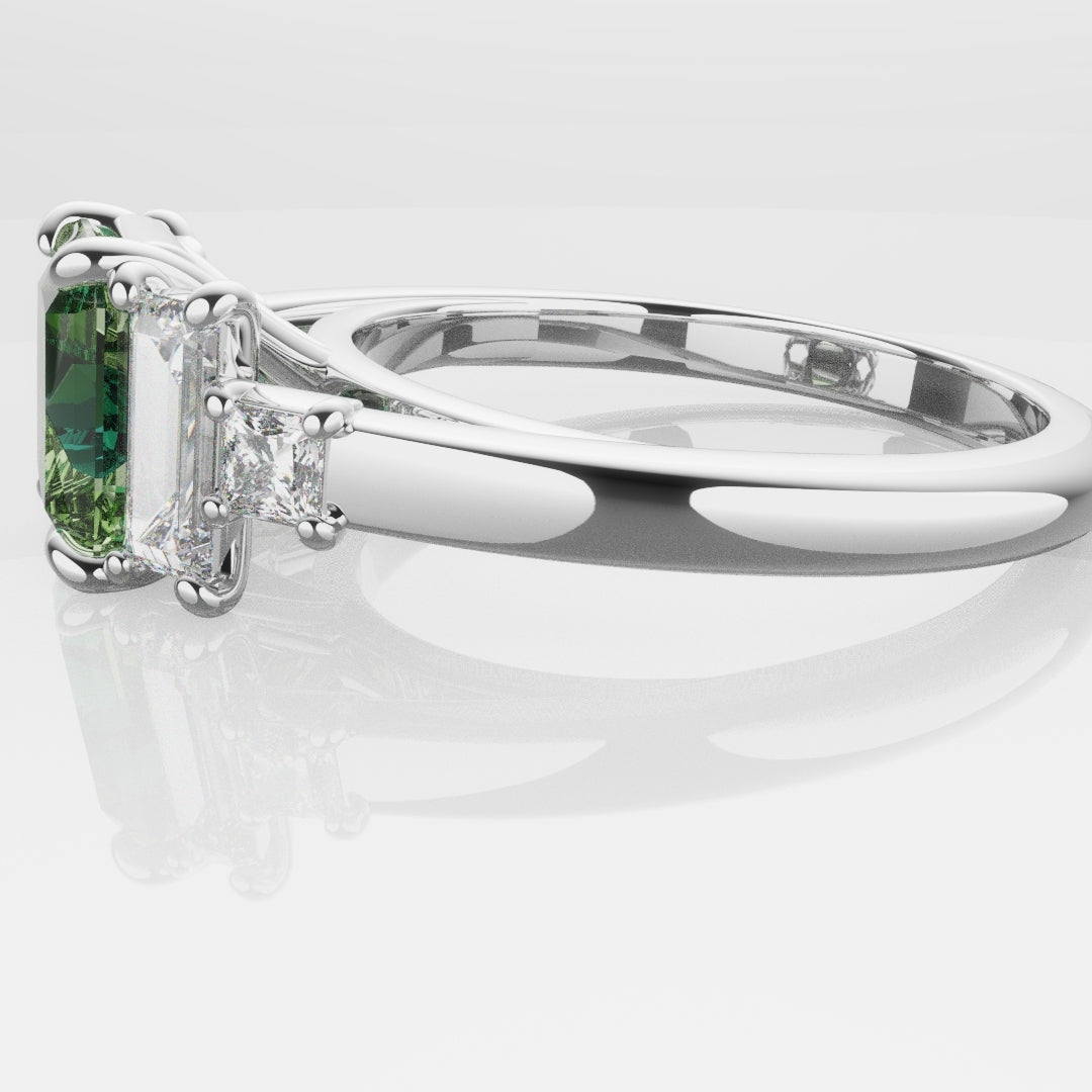 Green Sapphire and Baguette Diamond Engagement Ring