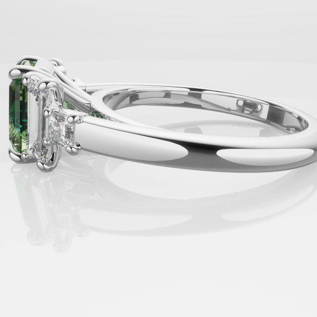 Green Sapphire and Baguette Diamond Engagement Ring